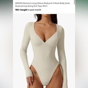 QINSEN Women's Cream Long Sleeve Thong Bodysuit - Splashed White